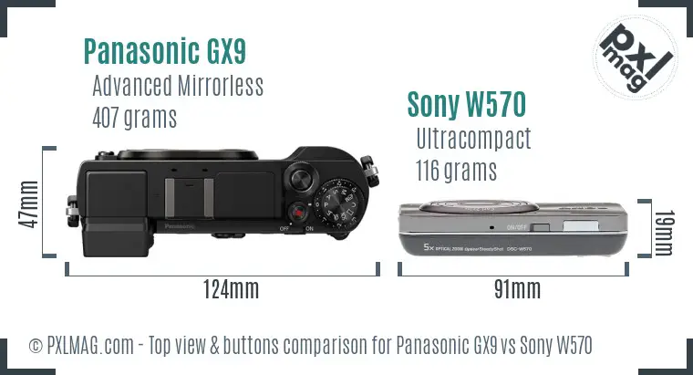 Panasonic GX9 vs Sony W570 top view buttons comparison