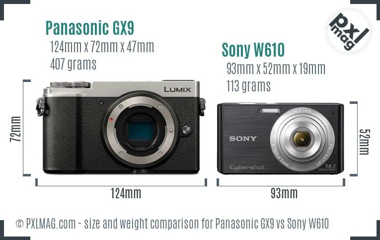 Panasonic GX9 vs Sony W610 size comparison