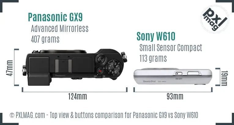 Panasonic GX9 vs Sony W610 top view buttons comparison