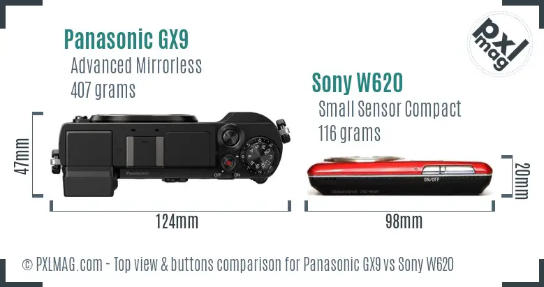 Panasonic GX9 vs Sony W620 top view buttons comparison