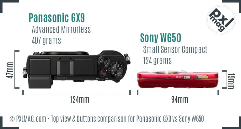 Panasonic GX9 vs Sony W650 top view buttons comparison