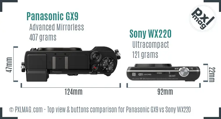 Panasonic GX9 vs Sony WX220 top view buttons comparison
