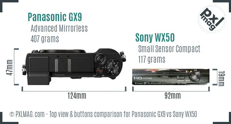 Panasonic GX9 vs Sony WX50 top view buttons comparison