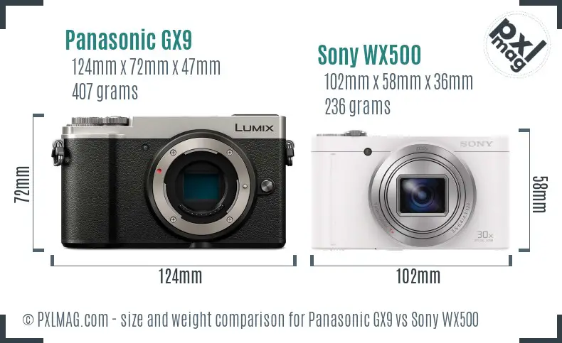 Panasonic GX9 vs Sony WX500 size comparison