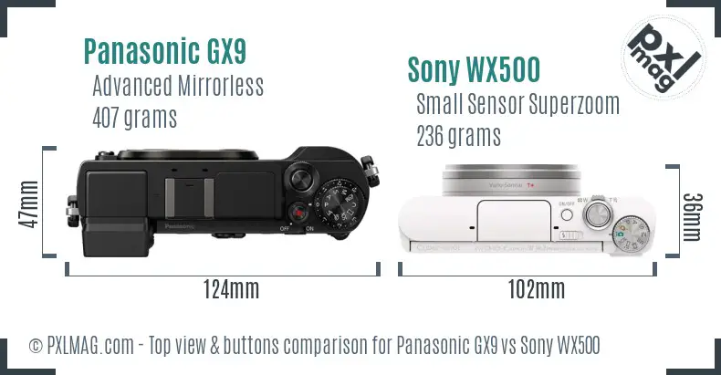 Panasonic GX9 vs Sony WX500 top view buttons comparison