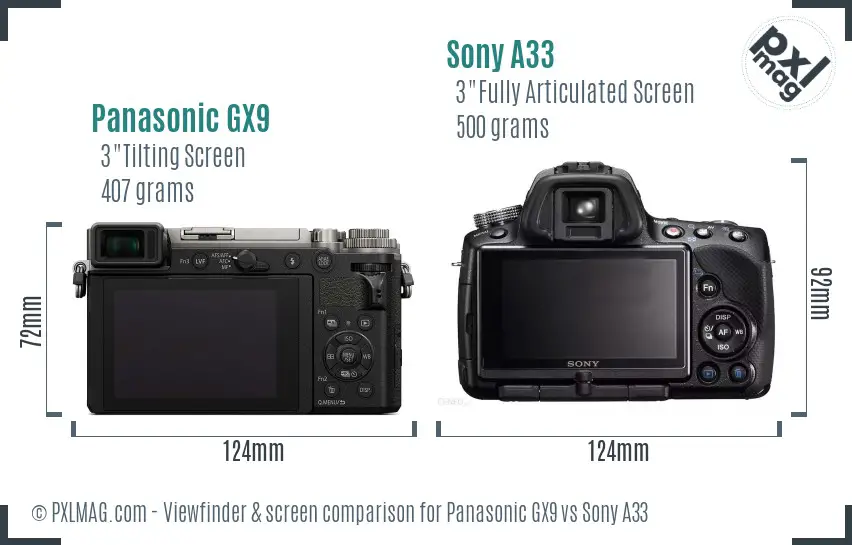 Panasonic GX9 vs Sony A33 Screen and Viewfinder comparison