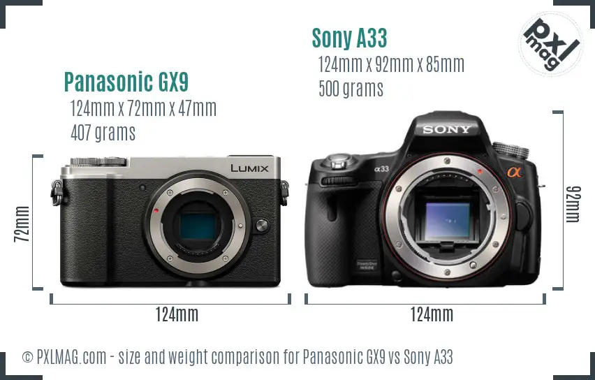 Panasonic GX9 vs Sony A33 size comparison
