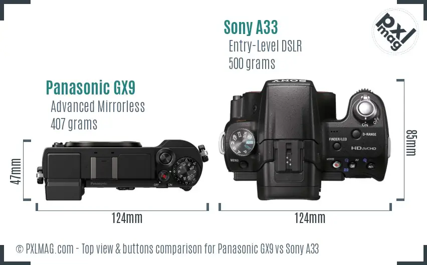 Panasonic GX9 vs Sony A33 top view buttons comparison