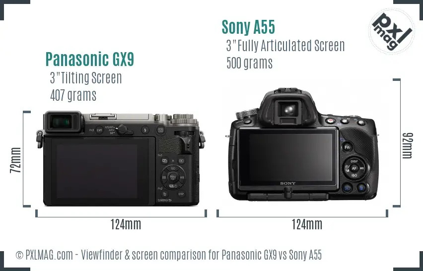 Panasonic GX9 vs Sony A55 Screen and Viewfinder comparison