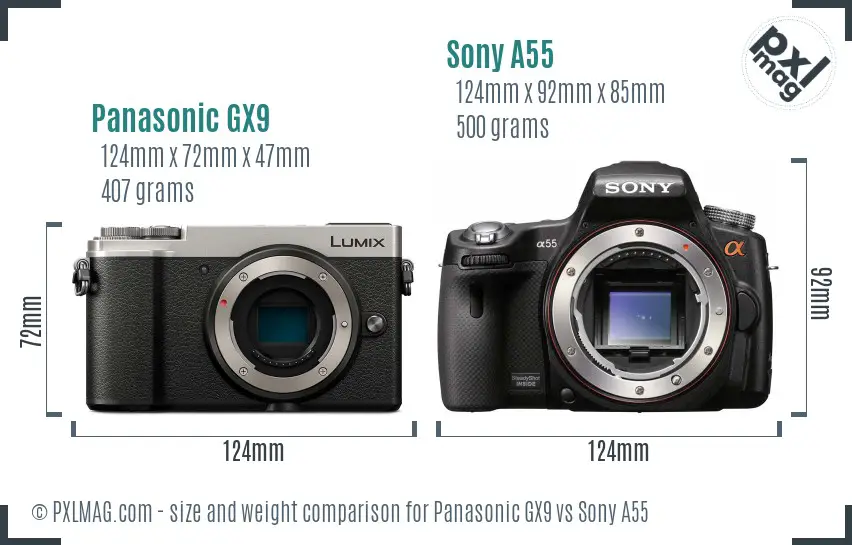 Panasonic GX9 vs Sony A55 size comparison