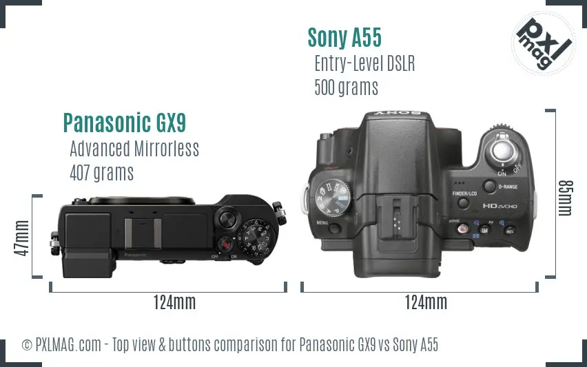 Panasonic GX9 vs Sony A55 top view buttons comparison