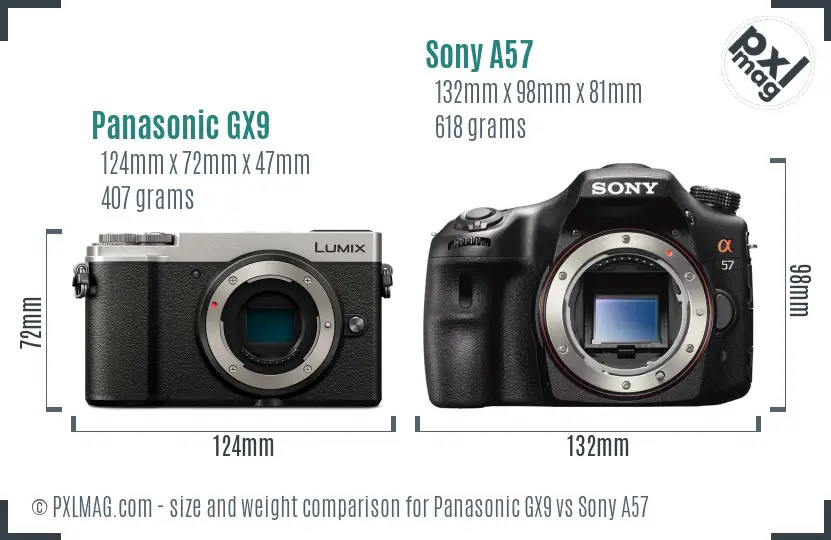 Panasonic GX9 vs Sony A57 size comparison