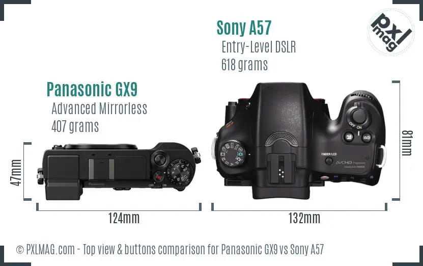 Panasonic GX9 vs Sony A57 top view buttons comparison