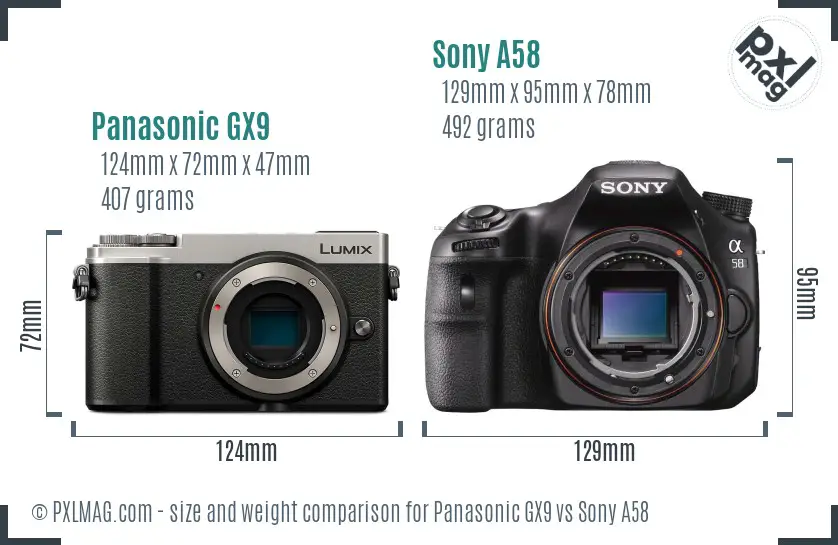 Panasonic GX9 vs Sony A58 size comparison