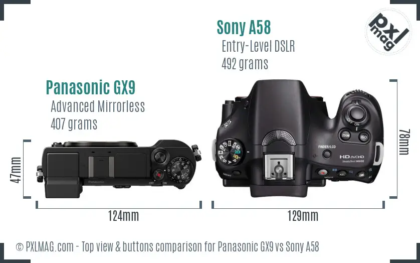 Panasonic GX9 vs Sony A58 top view buttons comparison
