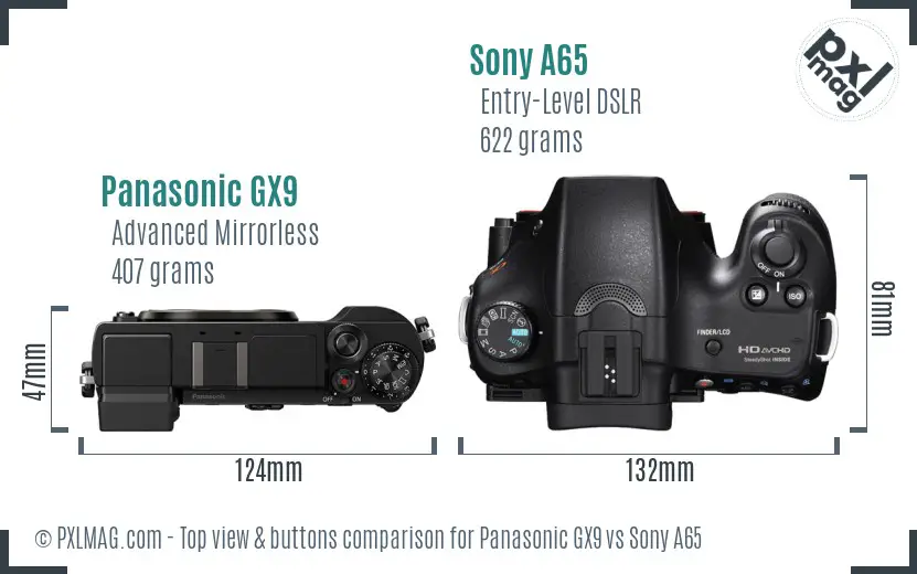 Panasonic GX9 vs Sony A65 top view buttons comparison