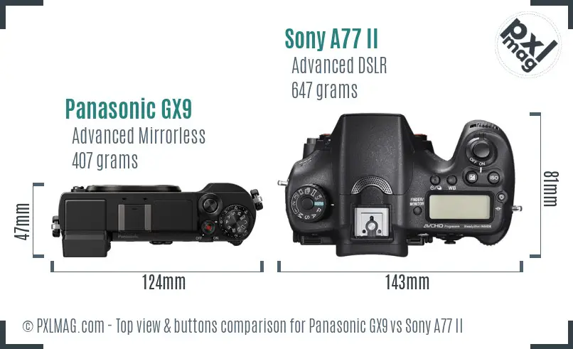 Panasonic GX9 vs Sony A77 II top view buttons comparison