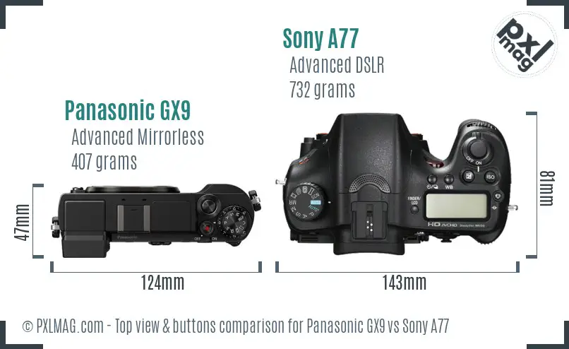Panasonic GX9 vs Sony A77 top view buttons comparison