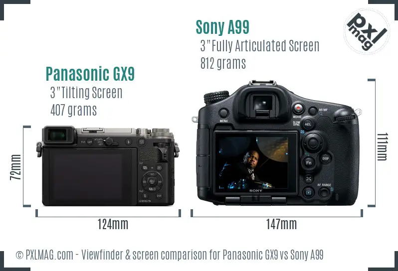 Panasonic GX9 vs Sony A99 Screen and Viewfinder comparison