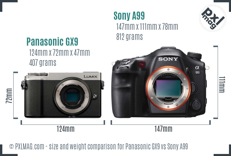 Panasonic GX9 vs Sony A99 size comparison