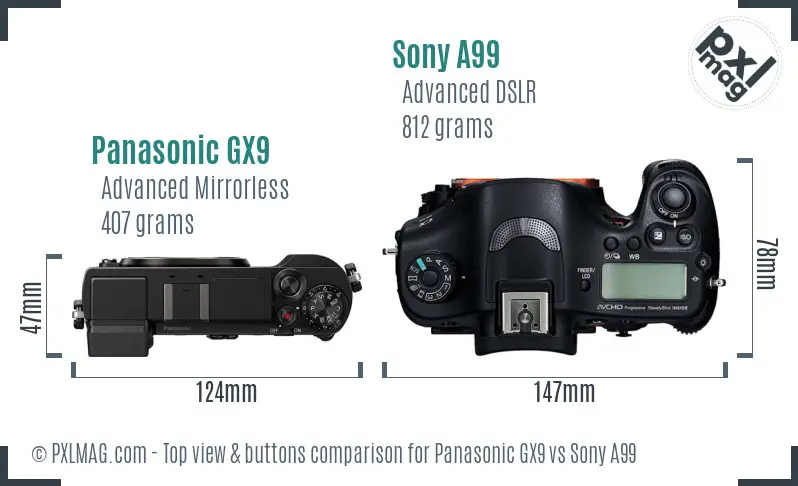 Panasonic GX9 vs Sony A99 top view buttons comparison