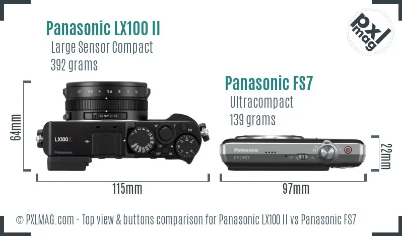 Panasonic LX100 II vs Panasonic FS7 top view buttons comparison Panasonic LX100 II vs Panasonic FS7 top view buttons comparison