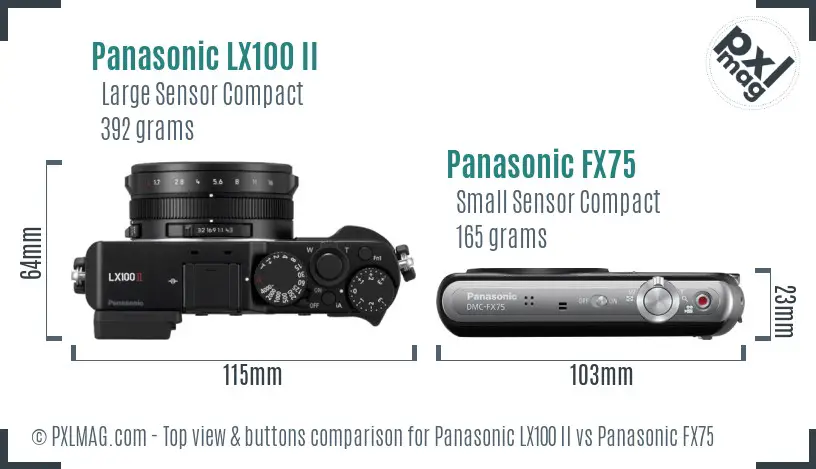 Panasonic LX100 II vs Panasonic FX75 top view buttons comparison Panasonic LX100 II vs Panasonic FX75 top view buttons comparison