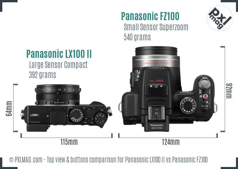 Panasonic LX100 II vs Panasonic FZ100 top view buttons comparison