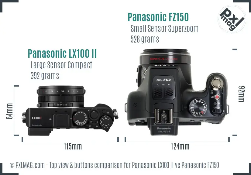 Panasonic LX100 II vs Panasonic FZ150 top view buttons comparison