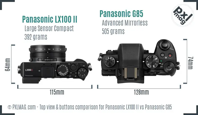 Panasonic LX100 II vs Panasonic G85 top view buttons comparison