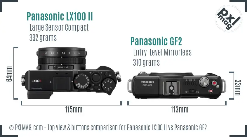 Panasonic LX100 II vs Panasonic GF2 top view buttons comparison