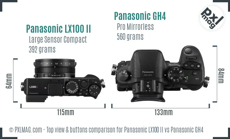 Panasonic LX100 II vs Panasonic GH4 top view buttons comparison Panasonic LX100 II vs Panasonic GH4 top view buttons comparison