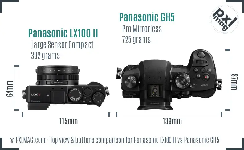 Panasonic LX100 II vs Panasonic GH5 top view buttons comparison