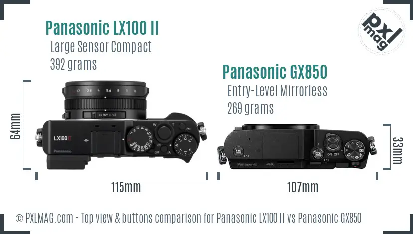 Panasonic LX100 II vs Panasonic GX850 top view buttons comparison Panasonic LX100 II vs Panasonic GX850 top view buttons comparison
