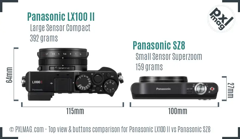Panasonic LX100 II vs Panasonic SZ8 top view buttons comparison Panasonic LX100 II vs Panasonic SZ8 top view buttons comparison