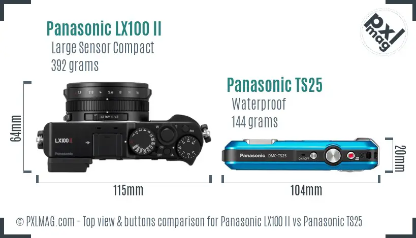Panasonic LX100 II vs Panasonic TS25 top view buttons comparison Panasonic LX100 II vs Panasonic TS25 top view buttons comparison