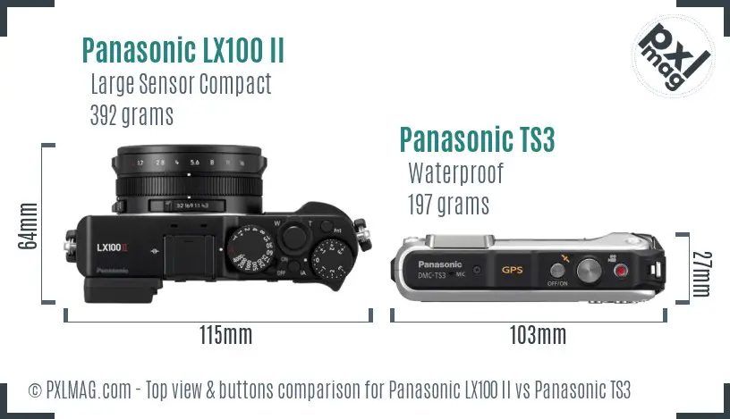 Panasonic LX100 II vs Panasonic TS3 top view buttons comparison Panasonic LX100 II vs Panasonic TS3 top view buttons comparison