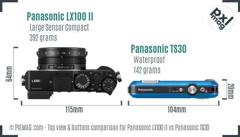 Panasonic LX100 II vs Panasonic TS30 top view buttons comparison Panasonic LX100 II vs Panasonic TS30 top view buttons comparison