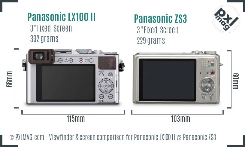 Panasonic LX100 II vs Panasonic ZS3 Screen and Viewfinder comparison