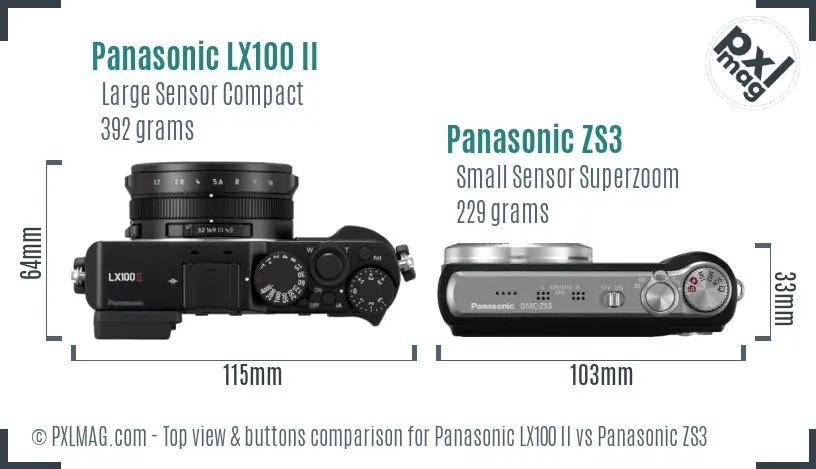 Panasonic LX100 II vs Panasonic ZS3 top view buttons comparison
