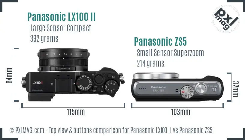 Panasonic LX100 II vs Panasonic ZS5 top view buttons comparison