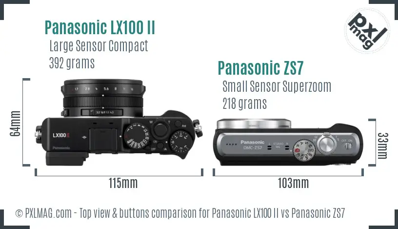 Panasonic LX100 II vs Panasonic ZS7 top view buttons comparison