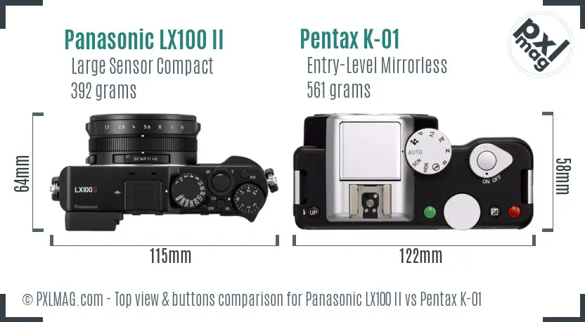 Panasonic LX100 II vs Pentax K-01 top view buttons comparison