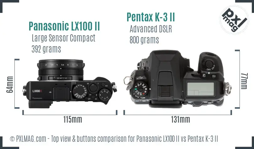 Panasonic LX100 II vs Pentax K-3 II top view buttons comparison