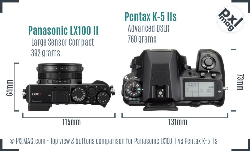 Panasonic LX100 II vs Pentax K-5 IIs top view buttons comparison