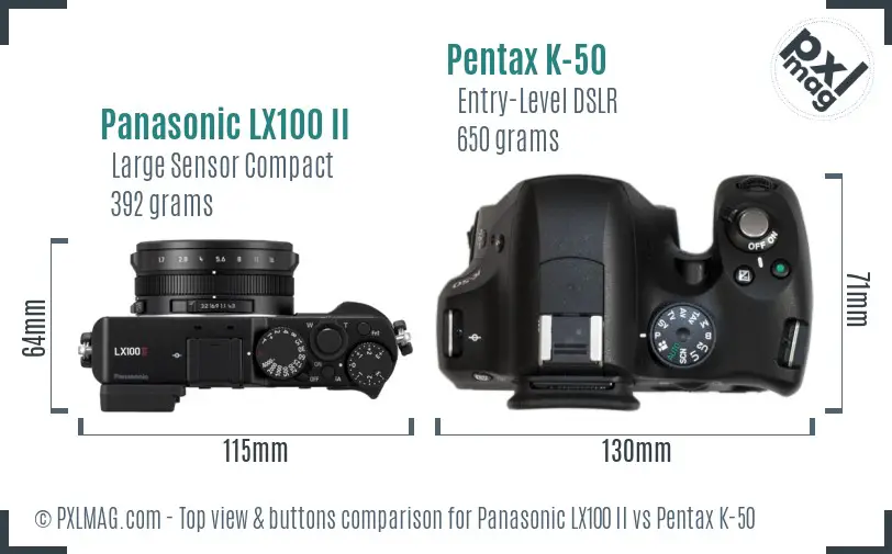 Panasonic LX100 II vs Pentax K-50 top view buttons comparison