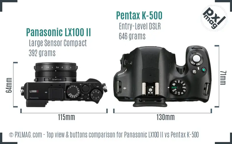 Panasonic LX100 II vs Pentax K-500 top view buttons comparison