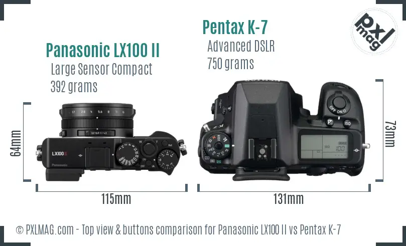 Panasonic LX100 II vs Pentax K-7 top view buttons comparison