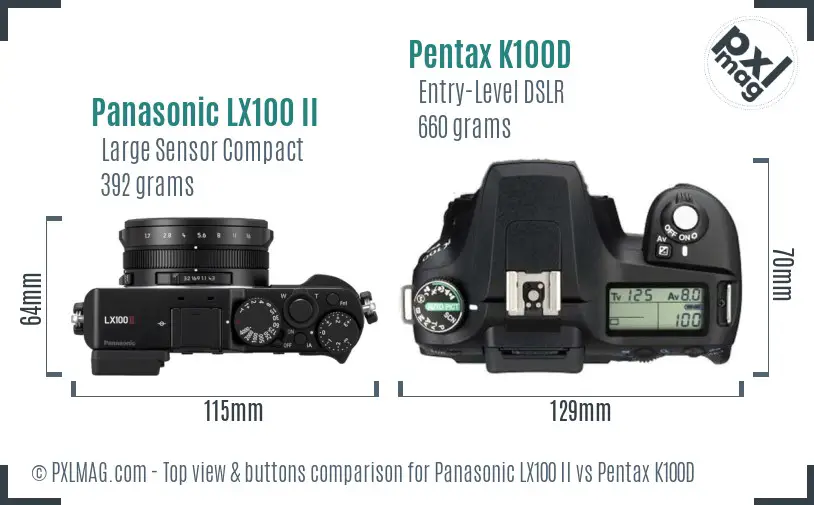 Panasonic LX100 II vs Pentax K100D top view buttons comparison