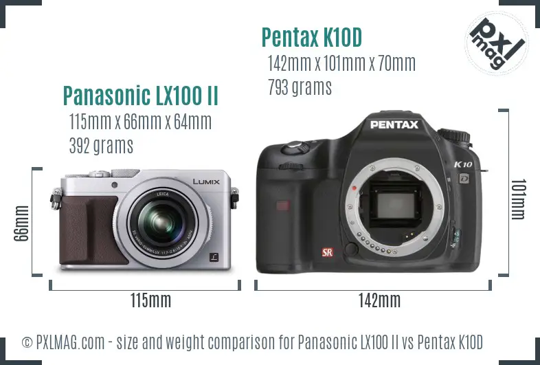 Panasonic LX100 II vs Pentax K10D size comparison